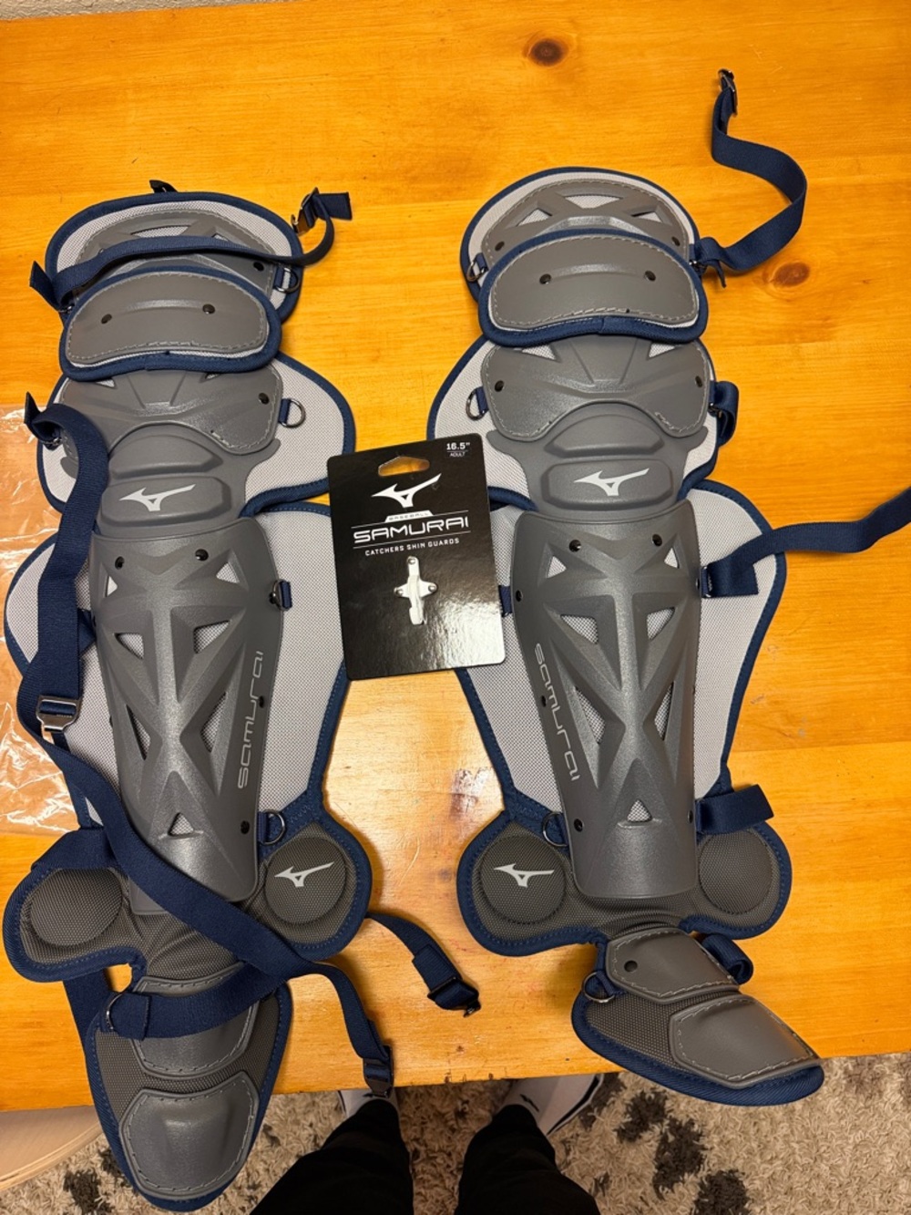 Mizuno Gray and Navy Samurai Catcher’s Shin Guards